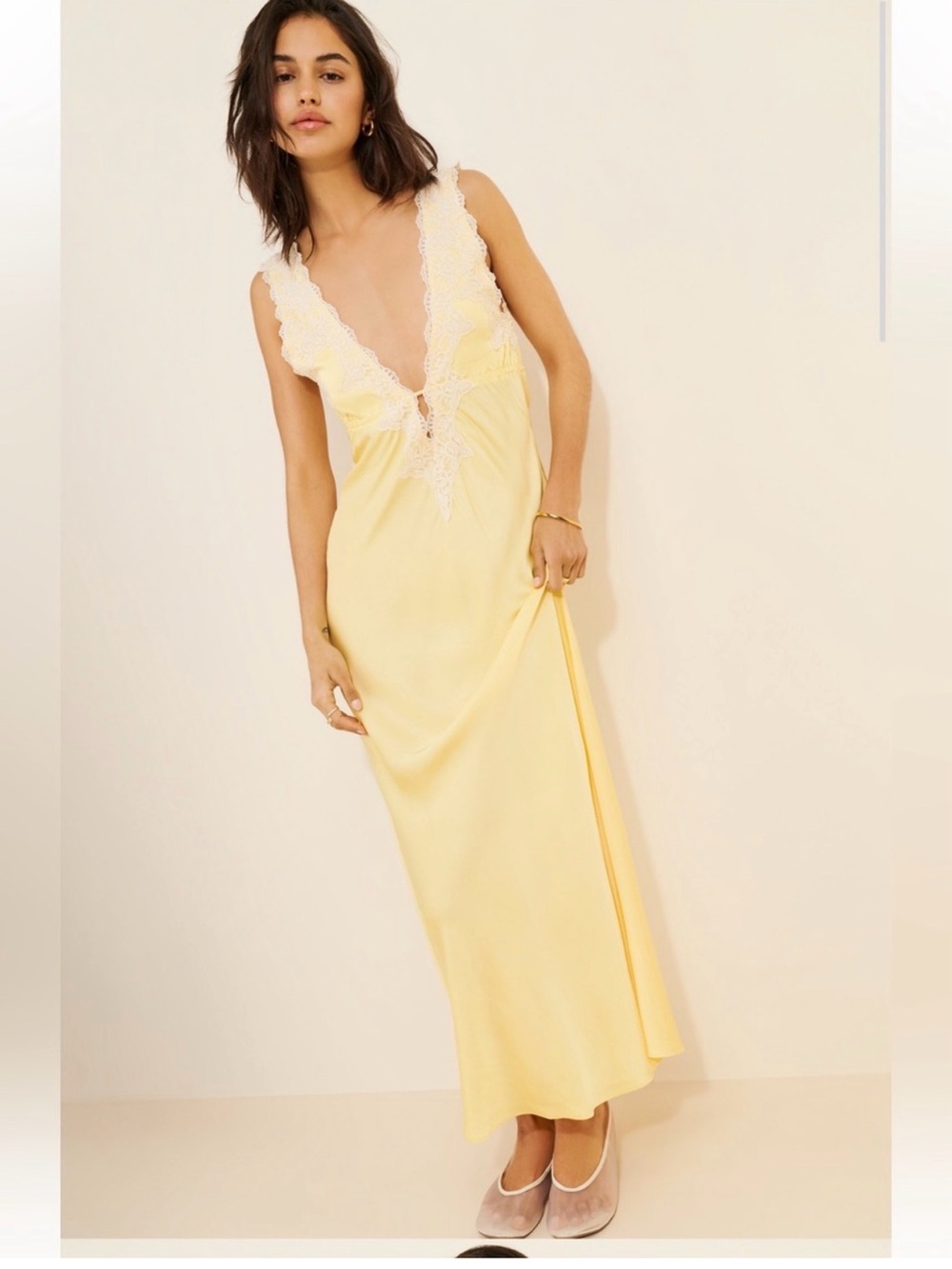 Rumored Light Yellow Lace-Trim Slip Maxi Dress